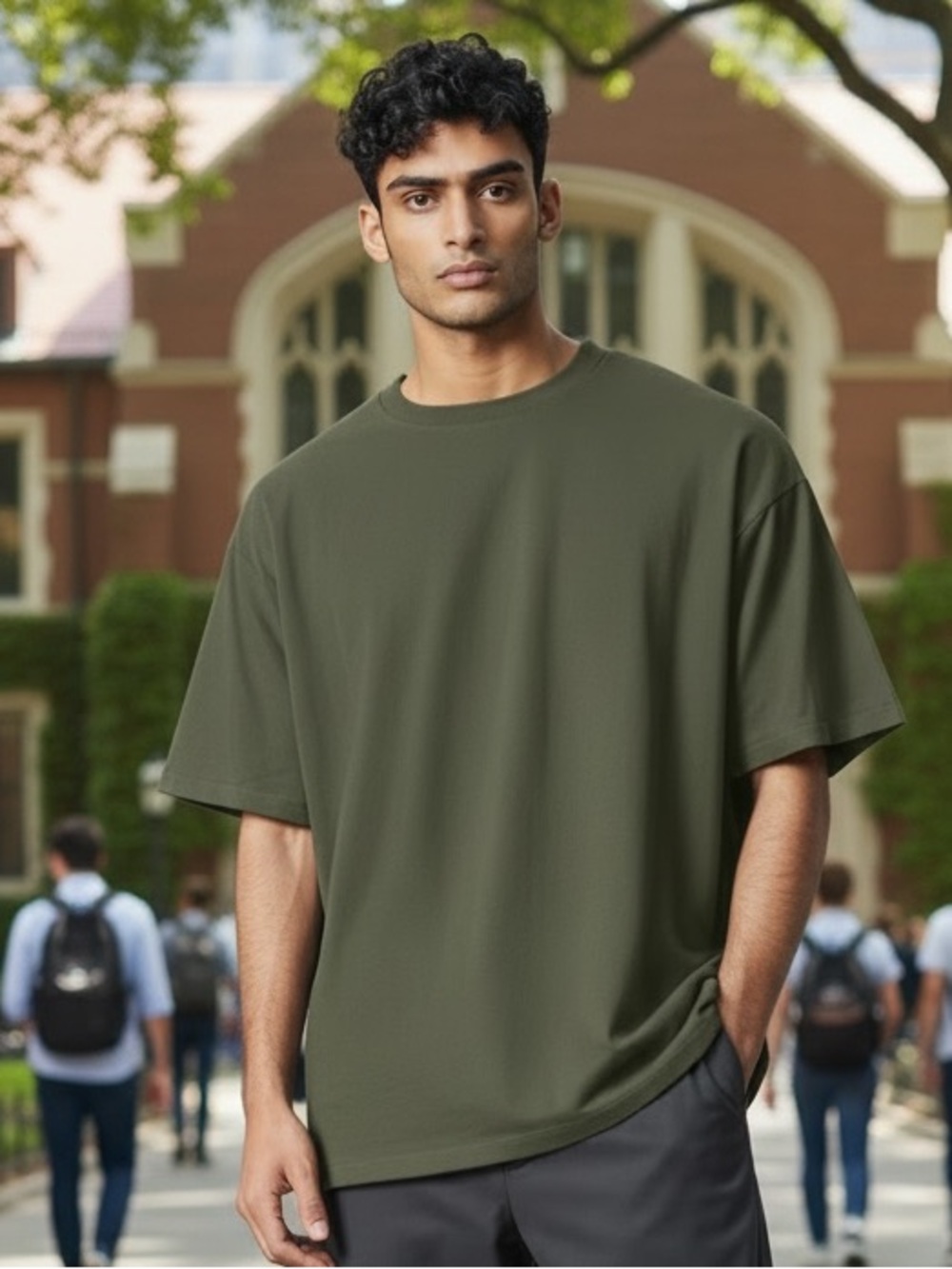 Cozy Cotton-Blend Crew Tee in Olive by C & Y Concept